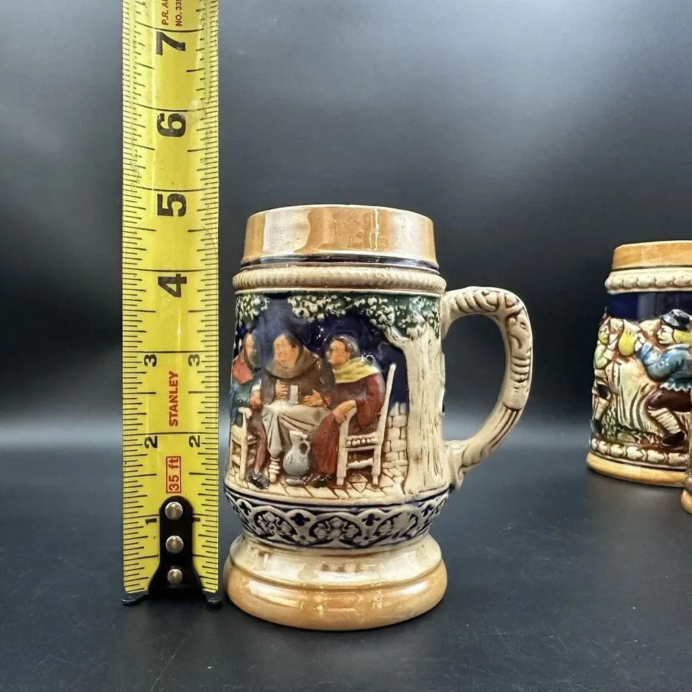 Vintage Mini Beer Steins Set of 3 Bavarian Tavern Monks Relief Ceramic Barware